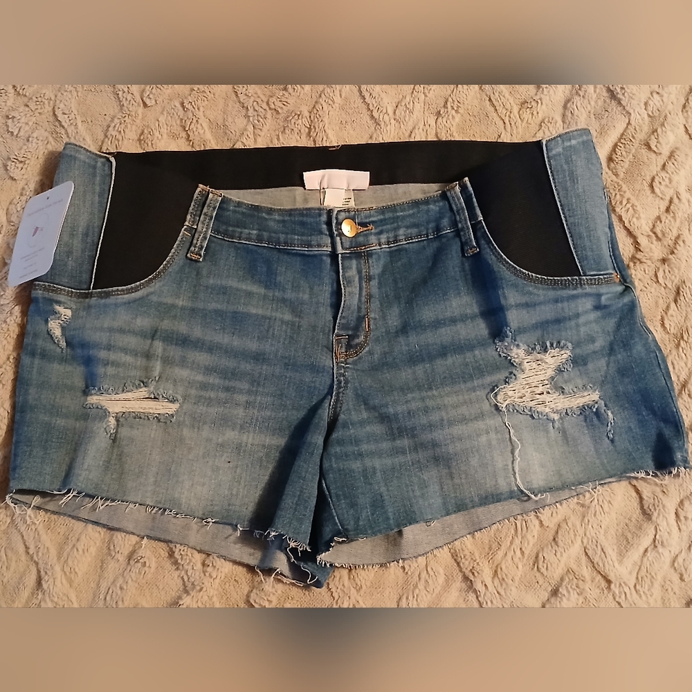 "Maternity" Women's Ingrid & Isabel Blue Jean Shorts with Distressed Detailing.